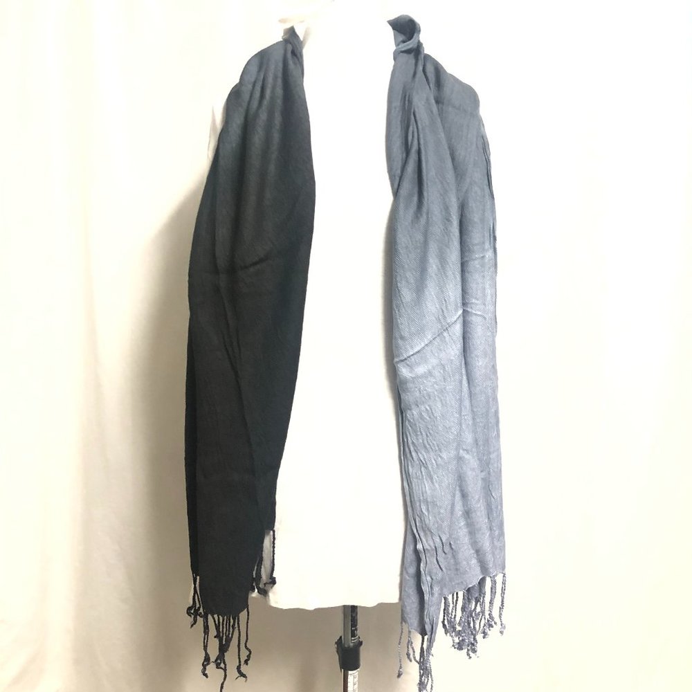 SAACHI, black to grey ombre rayon scarf with fringe